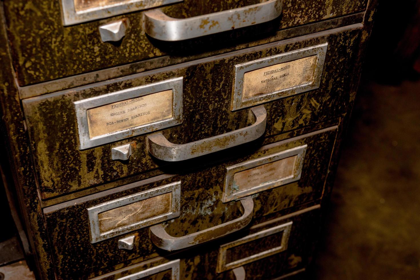 Old metal drawer file with green dirt and grime photo