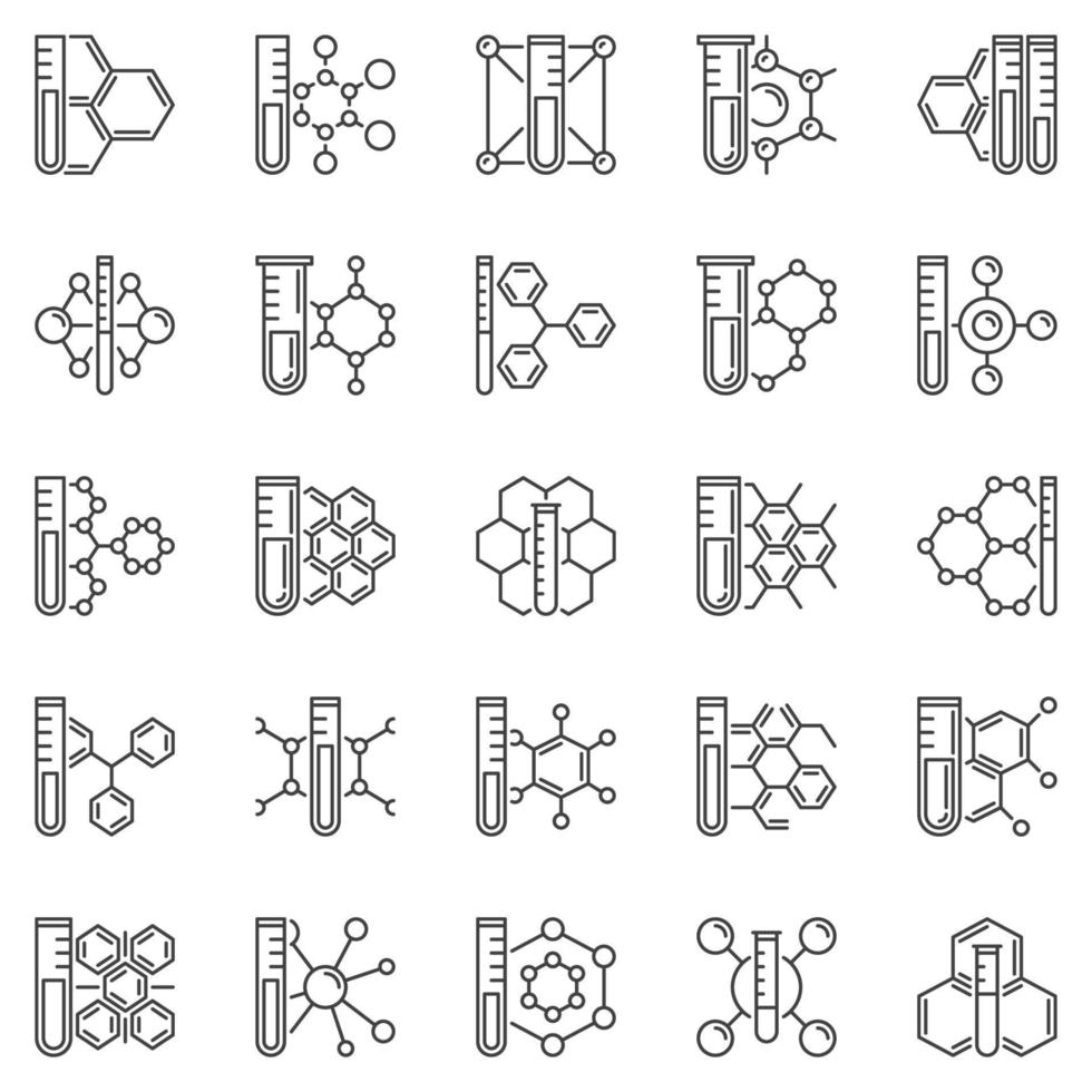 Test Tube with Chemical Formula outline icons set - Chemistry Science vector symbols