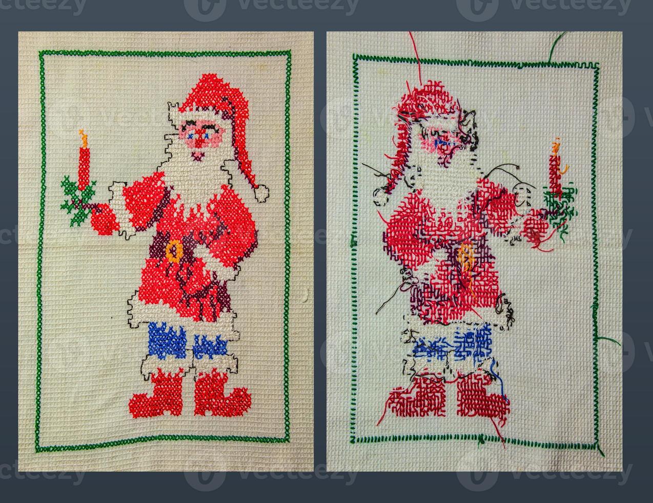 Santa Claus. Cross stitch for Christmas. Handmade napkin for the New Year. View from the back. photo