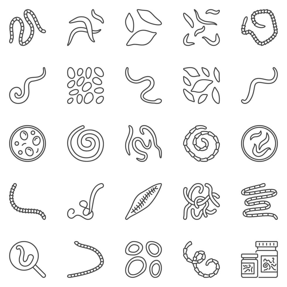 Helminth outline icons set - parasitic worms vector concept signs