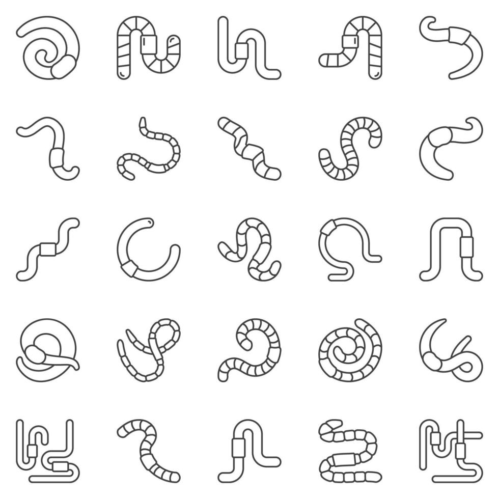 Worm outline icons set - vector earthworms and worms linear symbols