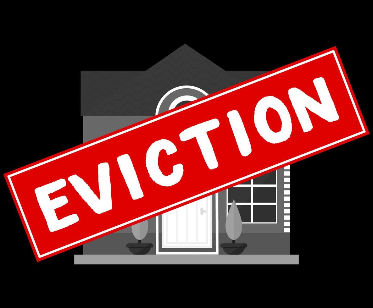 House with foreclosure red label Eviction. Homes being repossessed by the bank. Vector illustration. On black background