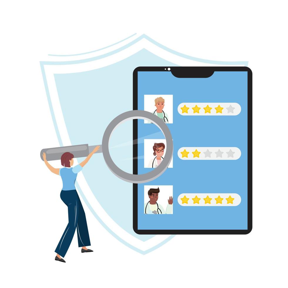 Woman with a magnifying glass searching for the right doctor. Online medical consultation, telemedicine, health care, searching concept illustration with the smart phone and people. vector