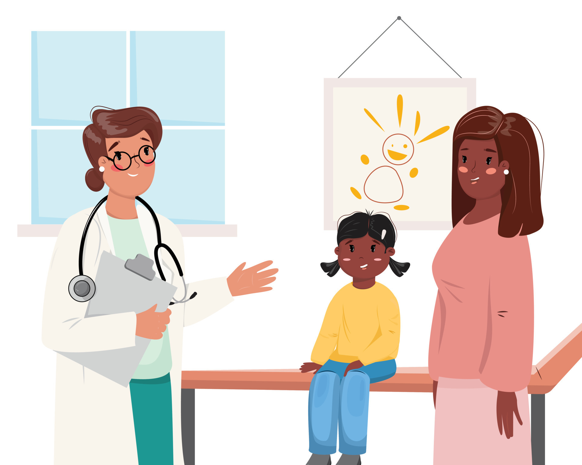 Illustration with a mom and child having an appointment by pediatrician. Flat cartoon illustration with white doctor and black family. Diversity, child health, medical concept illustration. 15773866 Vector Art at Vecteezy Illustration with a mom and child having an appointment by pediatrician. Flat cartoon illustration with white doctor and black family. Diversity, child health, medical concept illustration. 15773866 Vector Art at Vecteezy