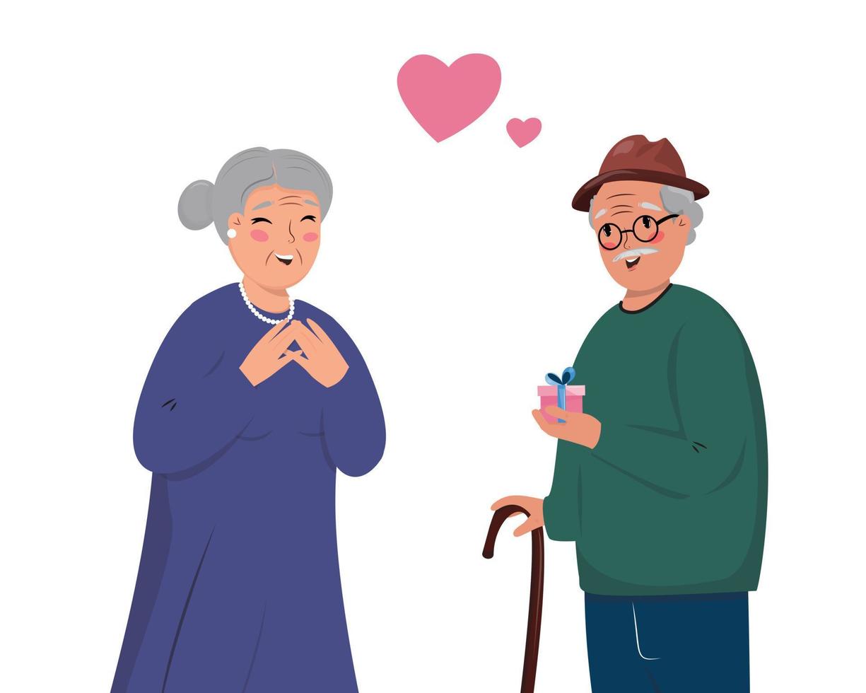 Illustration of an old couple with a gift box. Elderly man giving a gift box to his wife. Happy Valentines day. Love, retirement, anniversary, relationship concept illustration with two old people. . vector