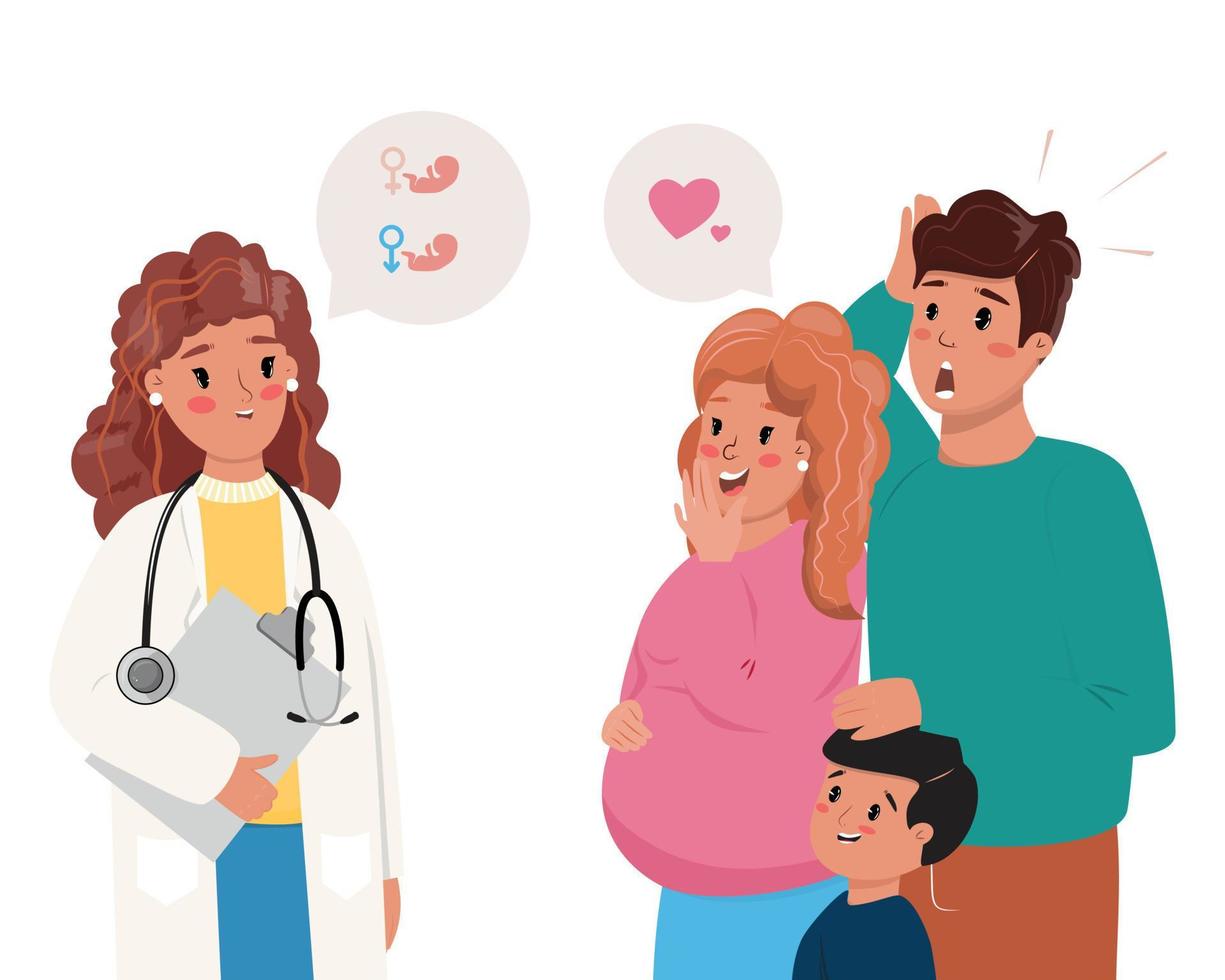 familia con un niño esperando gemelos. familia por médico conociendo el sexo del bebé. vector