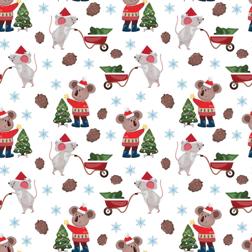 patrón impecable con un oso koala, un ratón, un árbol de Navidad, un cono de pino y un copo de nieve. vector