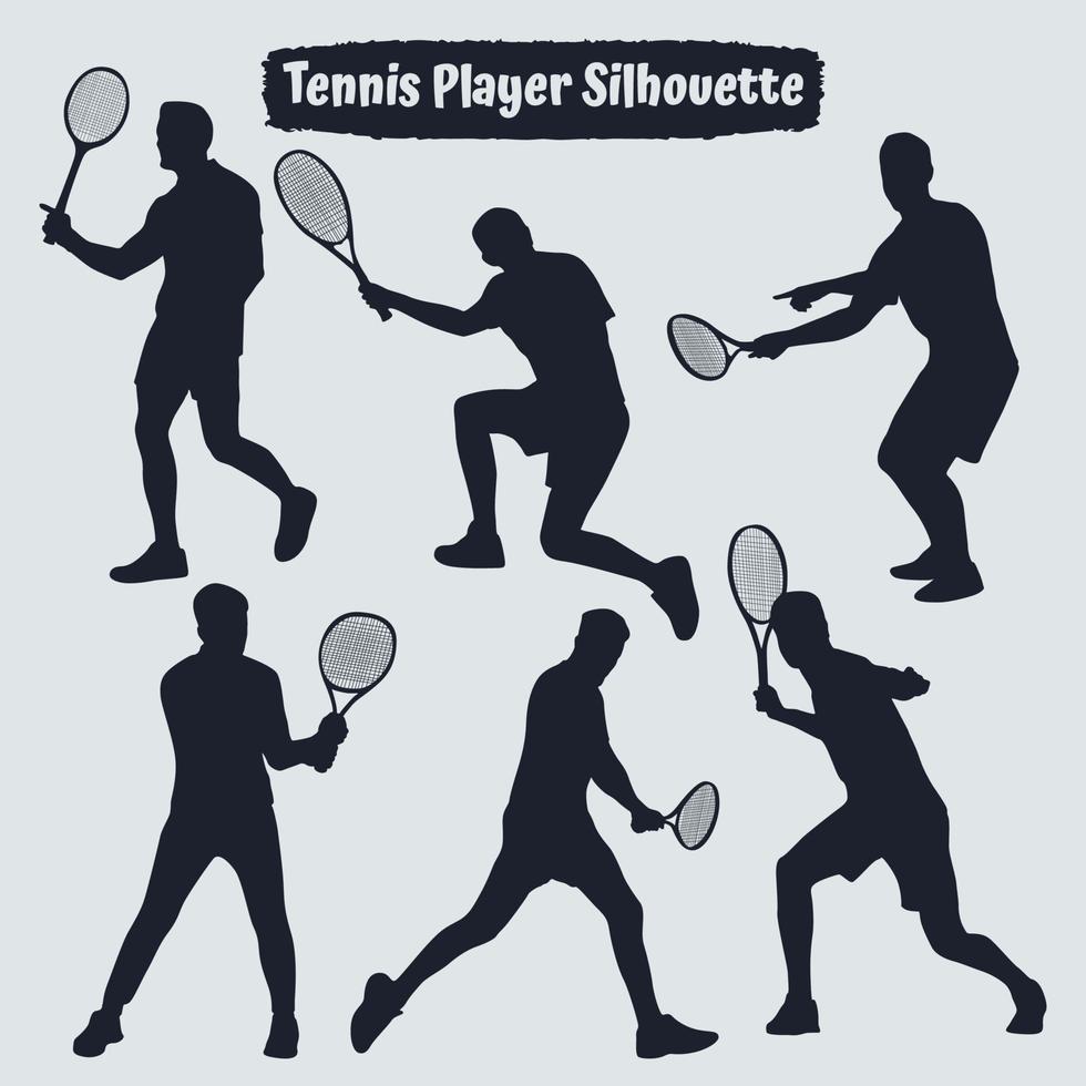 Colección de siluetas de jugadores de tenis masculinos en diferentes poses vector