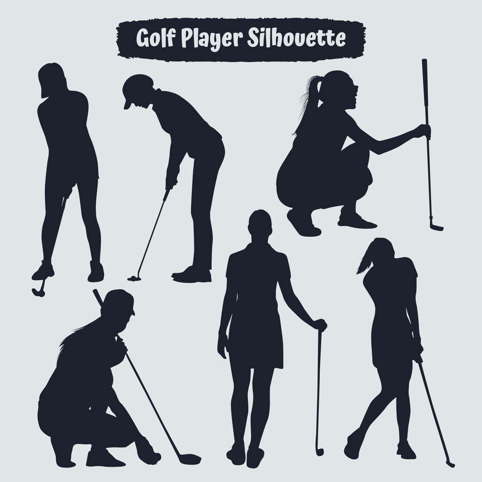 Colección de siluetas femeninas de jugador de golf en diferentes poses vector