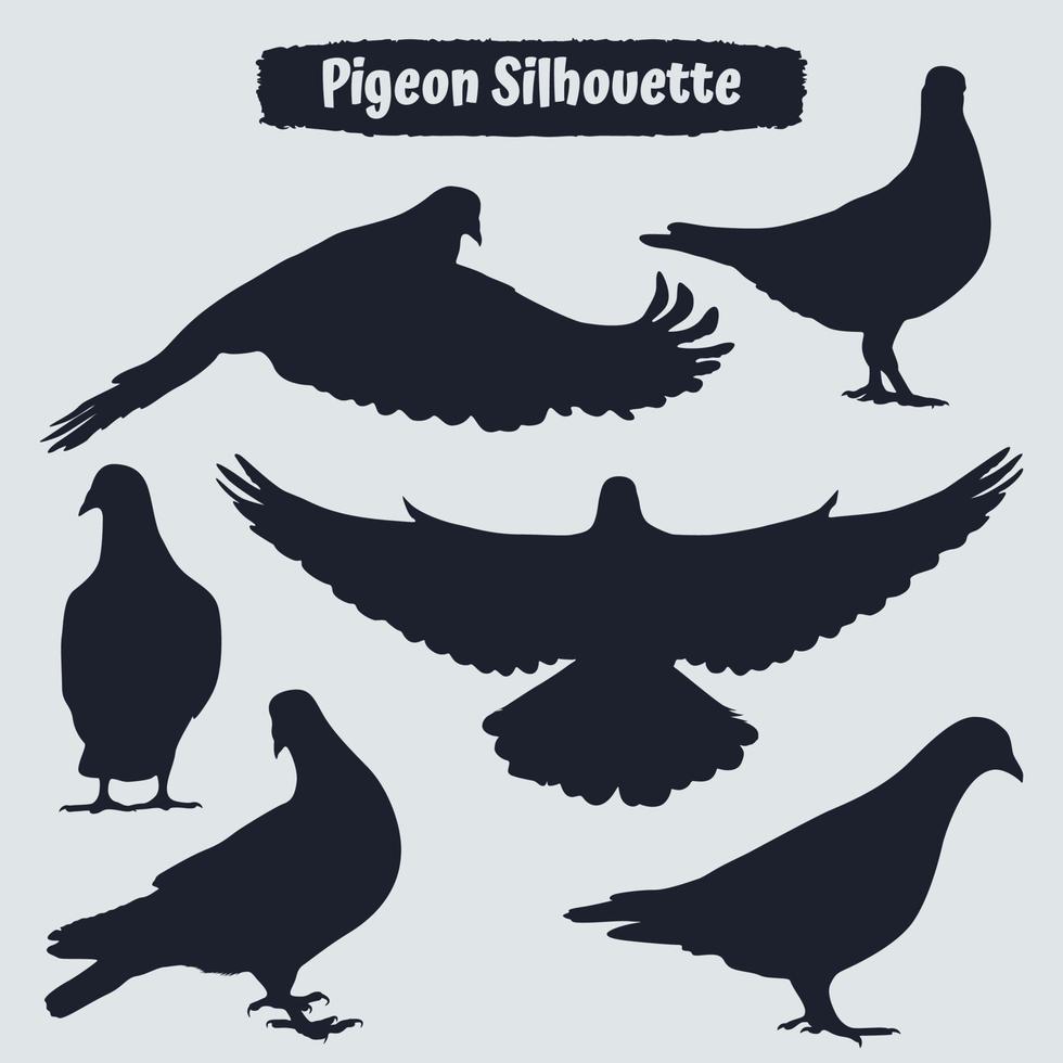 Colección de siluetas de palomas en diferentes posiciones. vector