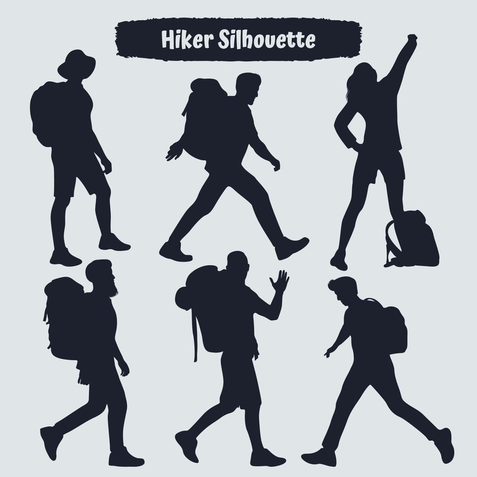 Collection of Hiker in mountains silhouettes in different poses vector