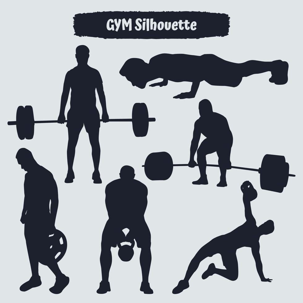 colección de siluetas de gimnasio o ejercicio en diferentes poses vector