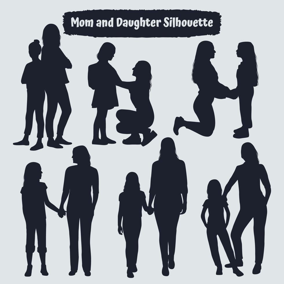 Collection of mom and Daughter silhouettes in different poses vector