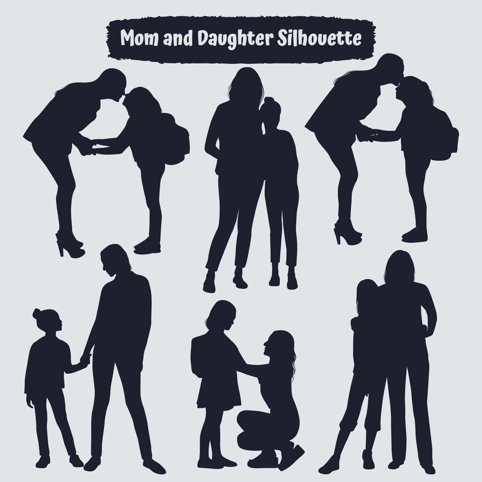 Collection of mom and Daughter silhouettes in different poses vector