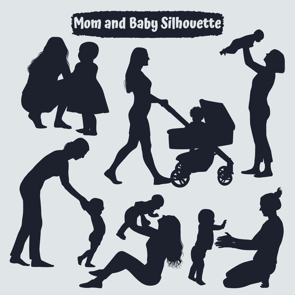 Collection of mom and baby silhouettes in different poses vector