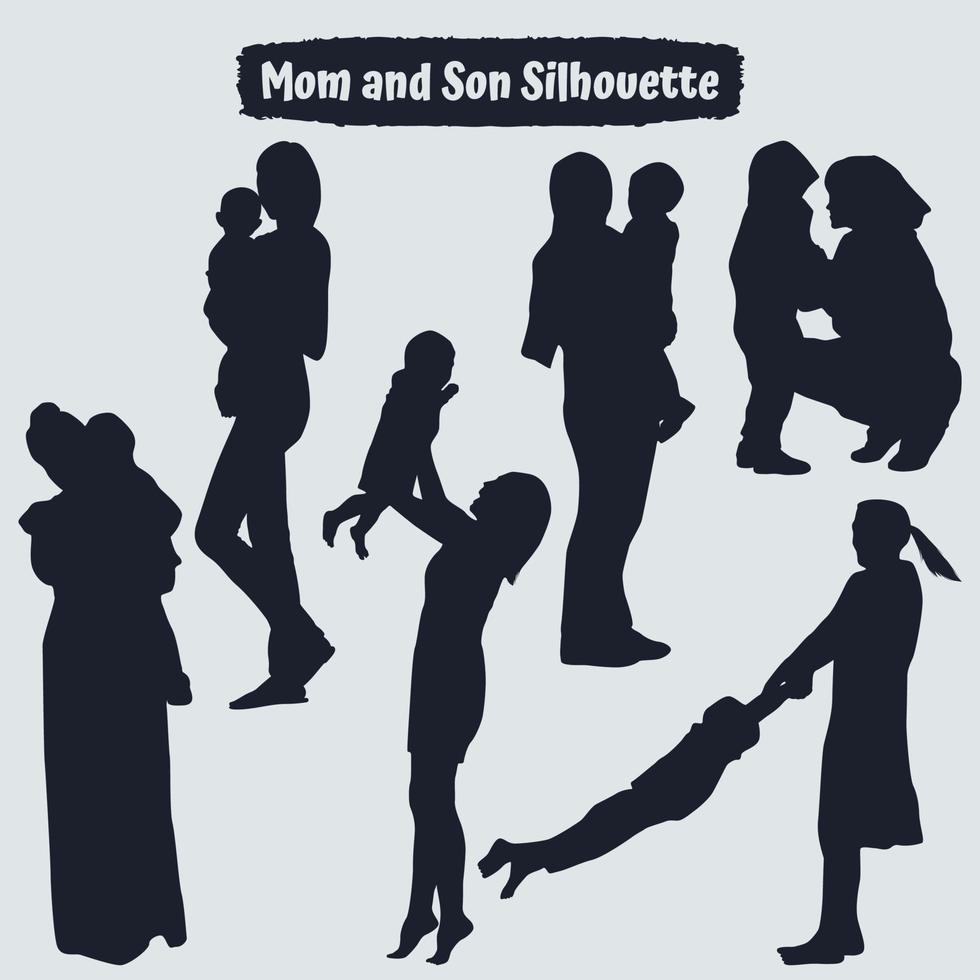 Collection of mom and Son silhouettes in different poses vector