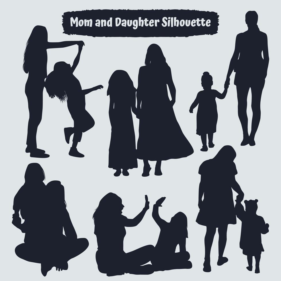 Collection of mom and Daughter silhouettes in different poses vector