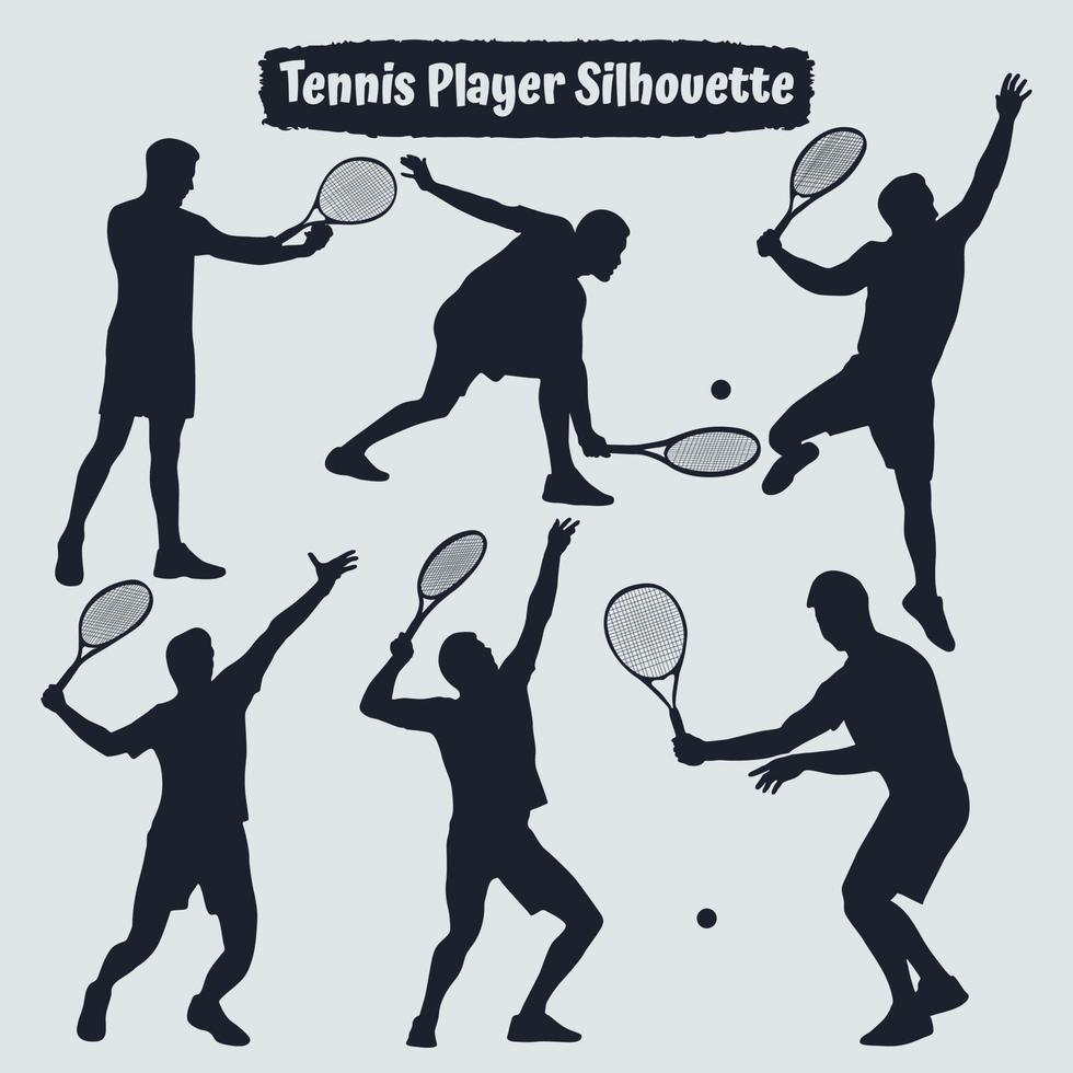 Colección de siluetas de jugadores de tenis masculinos en diferentes poses vector