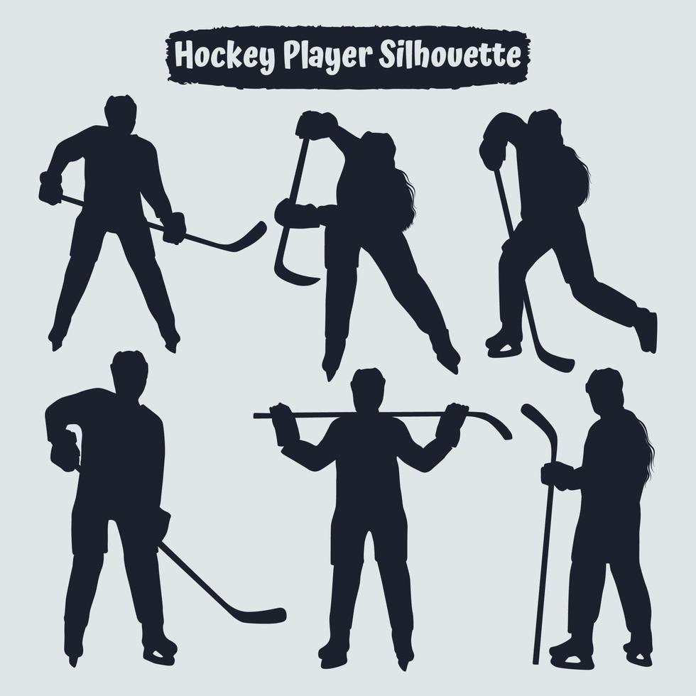 Colección de siluetas de jugadores de hockey en diferentes poses. vector