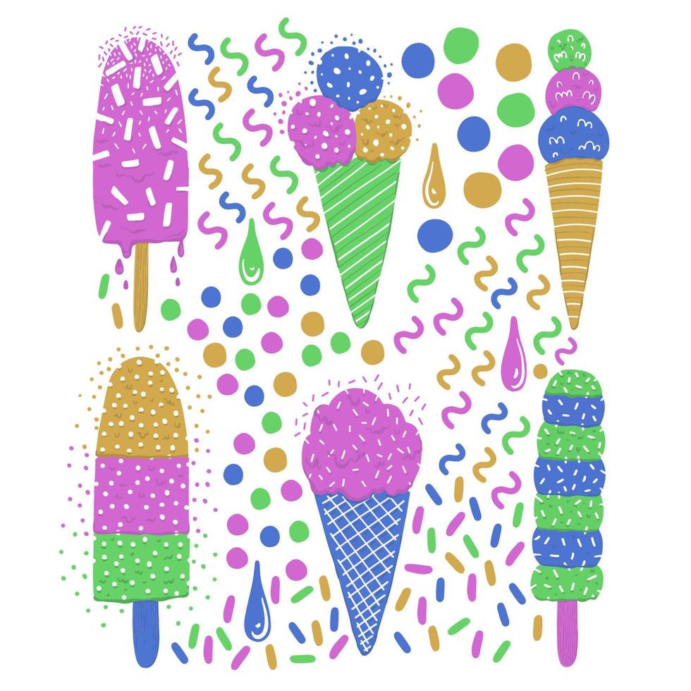 Ice-cream summer food. Bright color. Hand drawn style. vector