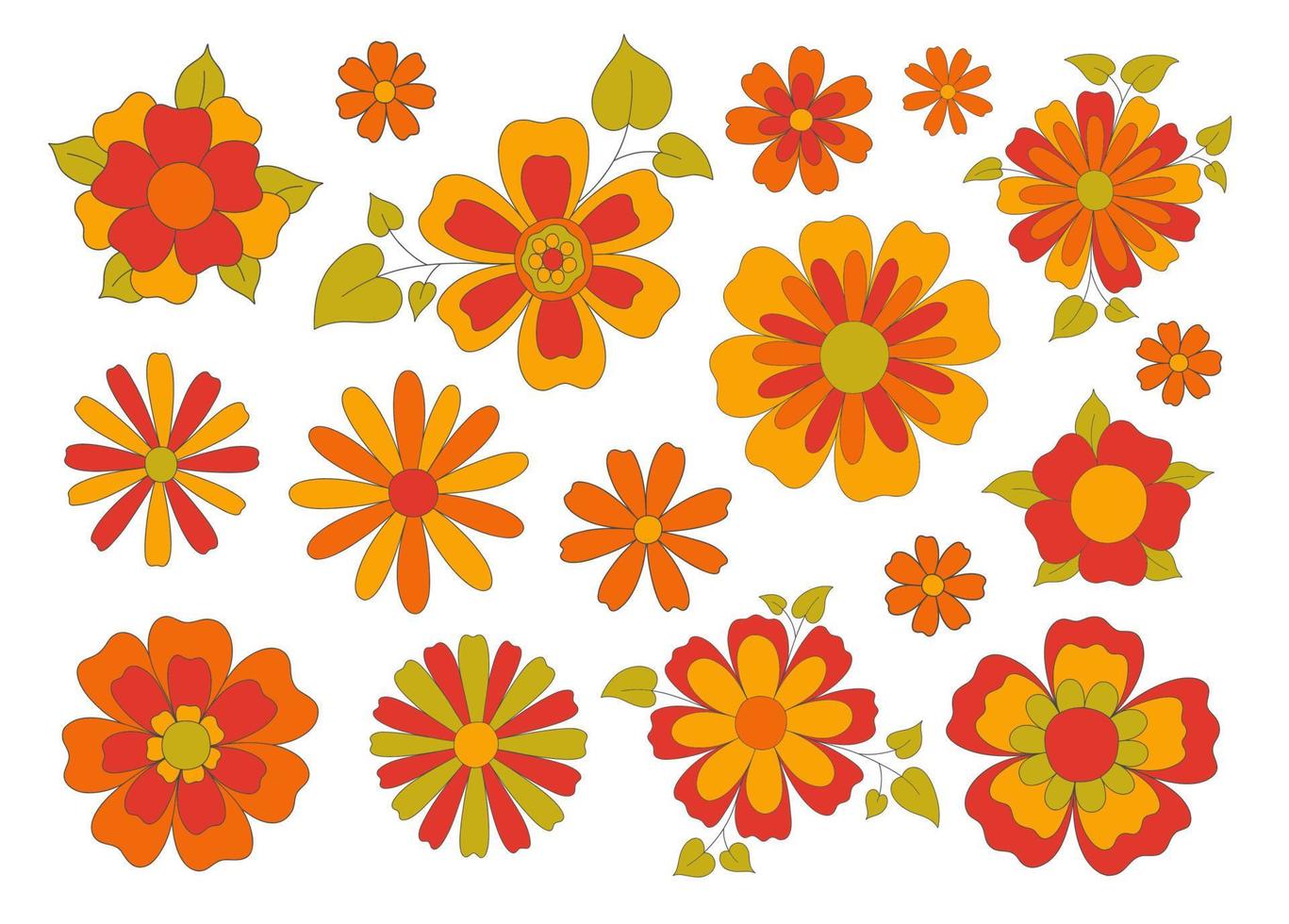 Hippie funky vibe style flower set. Vintage 1960-1970.All element are isolated. Hippy retro background. Symbol retro print vector