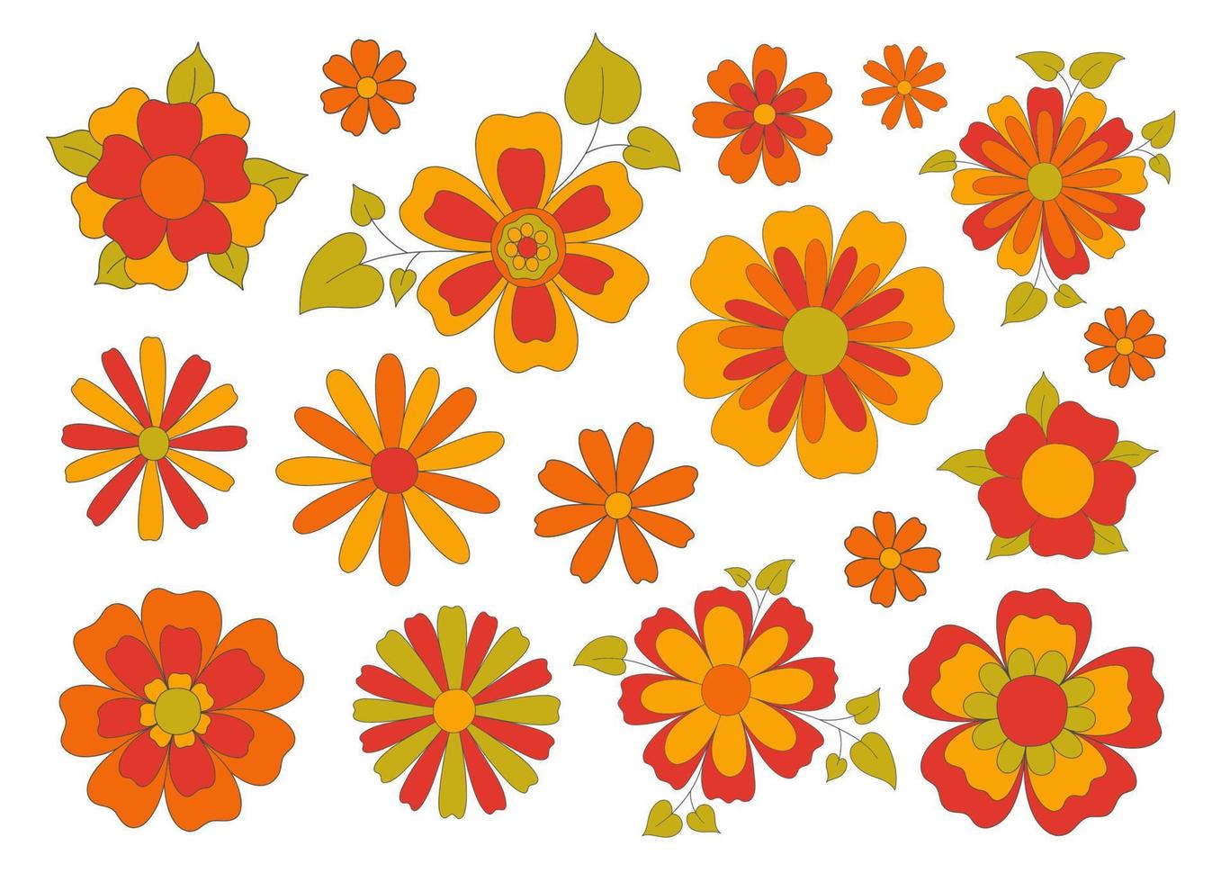 conjunto de flores de estilo hippie funky vibe. vintage 1960-1970.todos los elementos están aislados. fondo retro hippy. símbolo de impresión retro vector