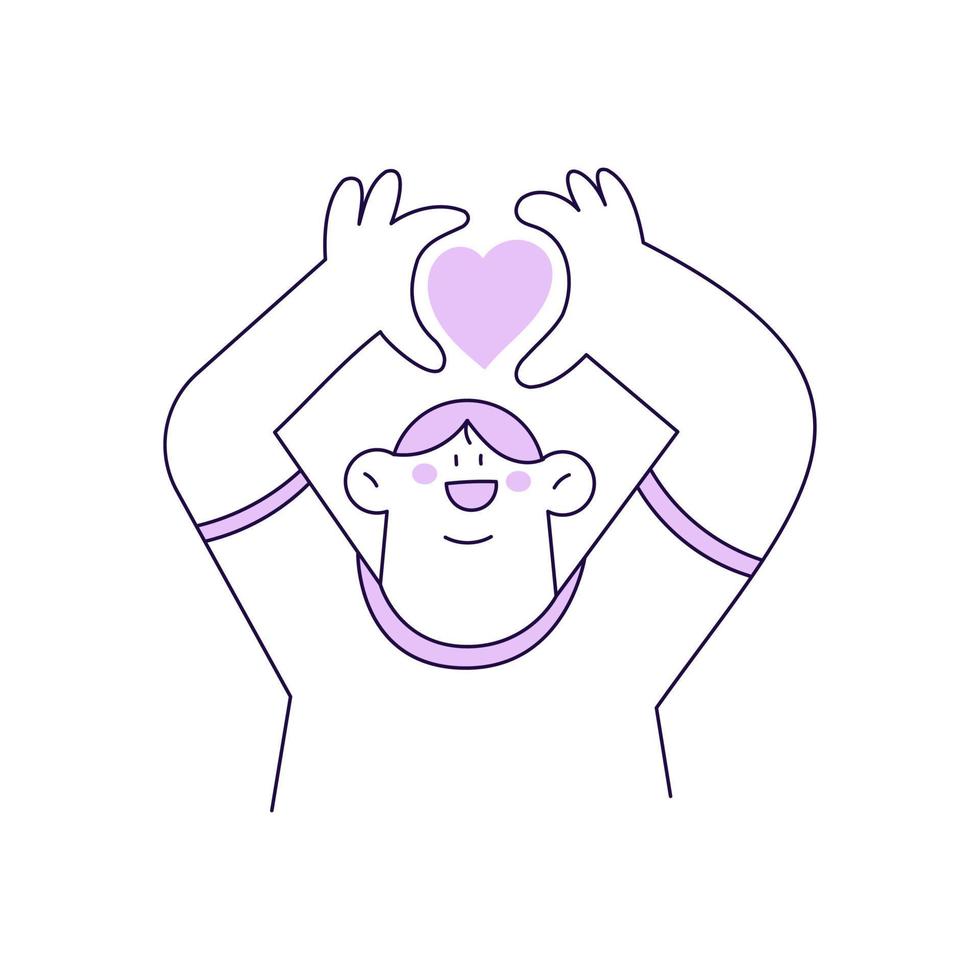 Outline Man Character Illustration with Heart Shape Gesture vector