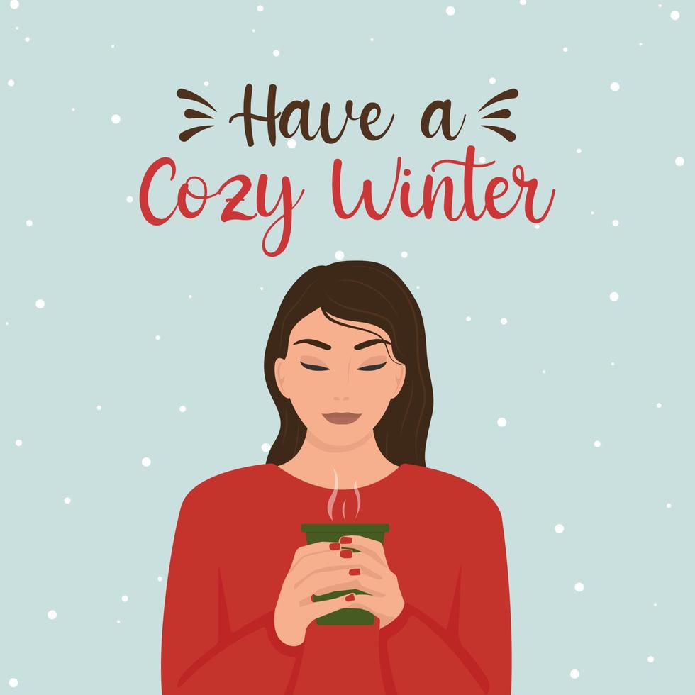 chica con taza de café, invierno acogedor, copos de nieve, postal de invierno, mujer hermosa, ilustración vectorial vector