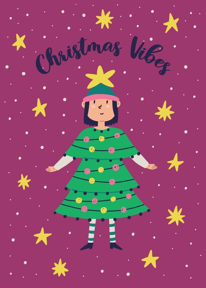 chica en una fea tarjeta de felicitación de vestido de árbol de navidad. ilustración vectorial vector