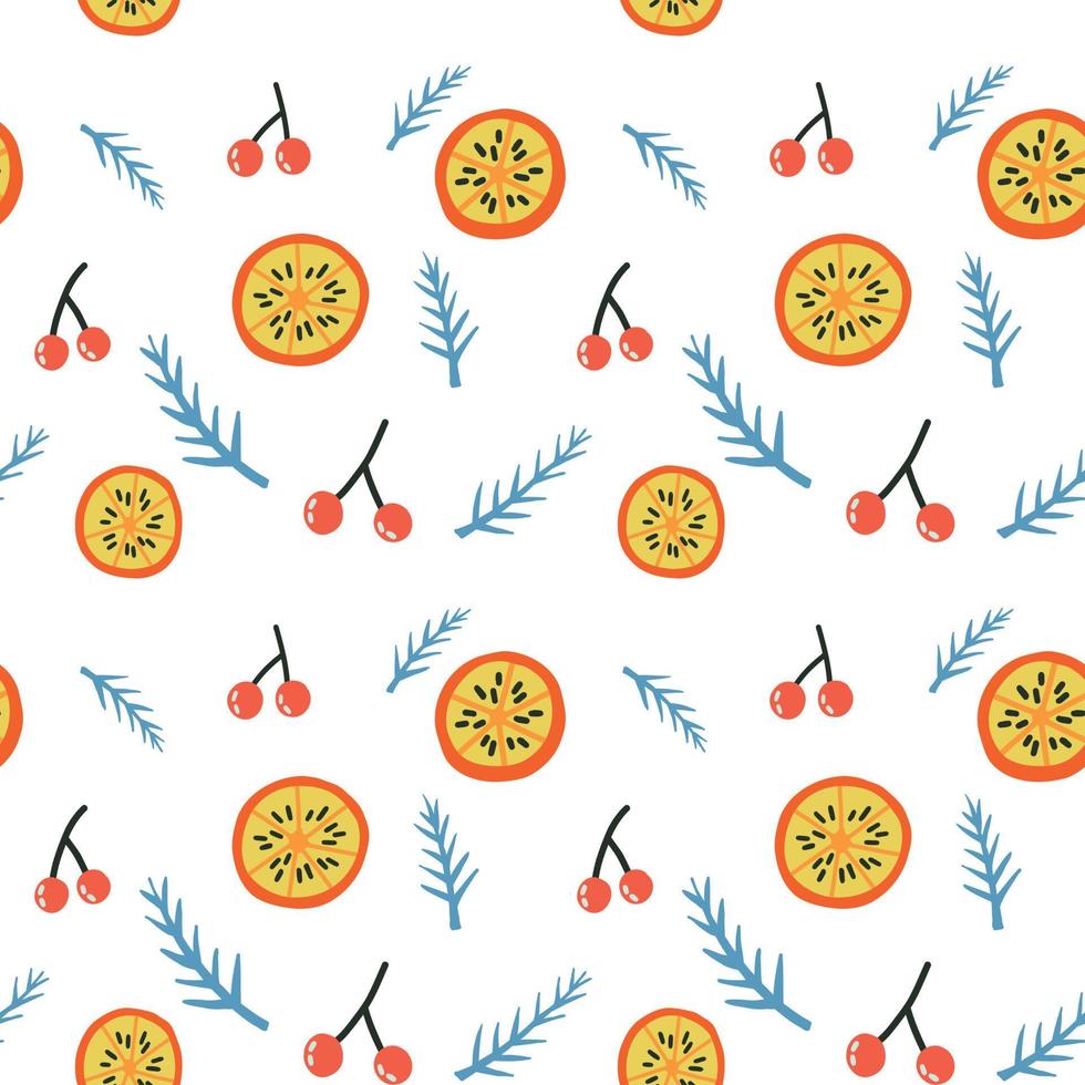 Christmas pattern oranges berries pine branches vector