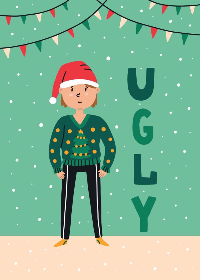Boy in an ugly Christmas sweater greeting card design. Vector illustration