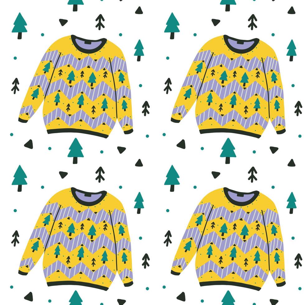 patrón de suéter feo con fondo de árbol de navidad vector