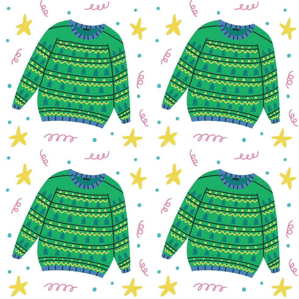 Ugly sweater pattern with green christmas tree background vector