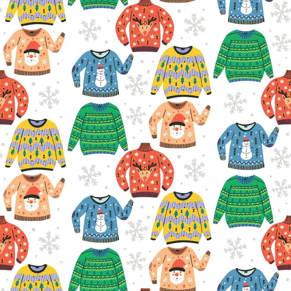 Colorful Ugly sweater pattern with snowflake background vector
