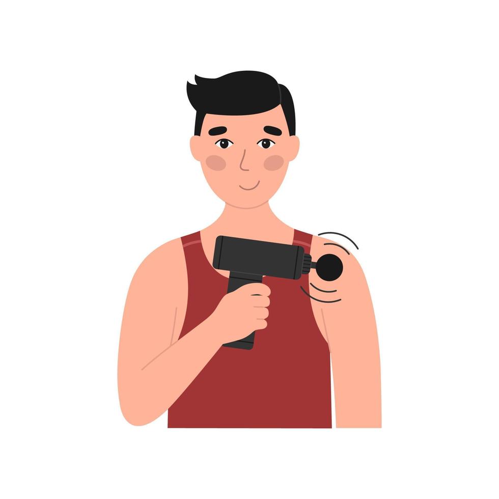 un joven masajea su hombro usando una pistola de masaje muscular. masajeador de percusión. ilustración plana vectorial aislada sobre fondo blanco vector