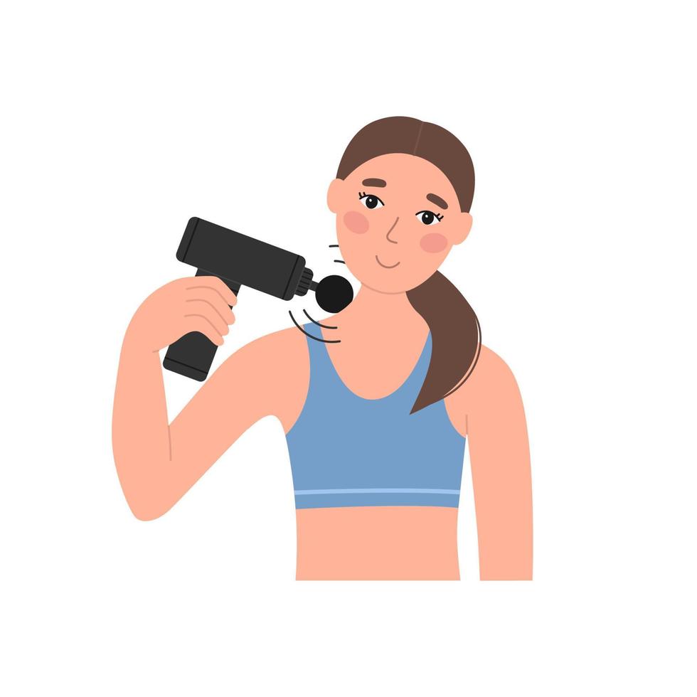 Young girl massage her neck using muscle massage gun. Percussion massager. Vector flat illustration isolated on white background