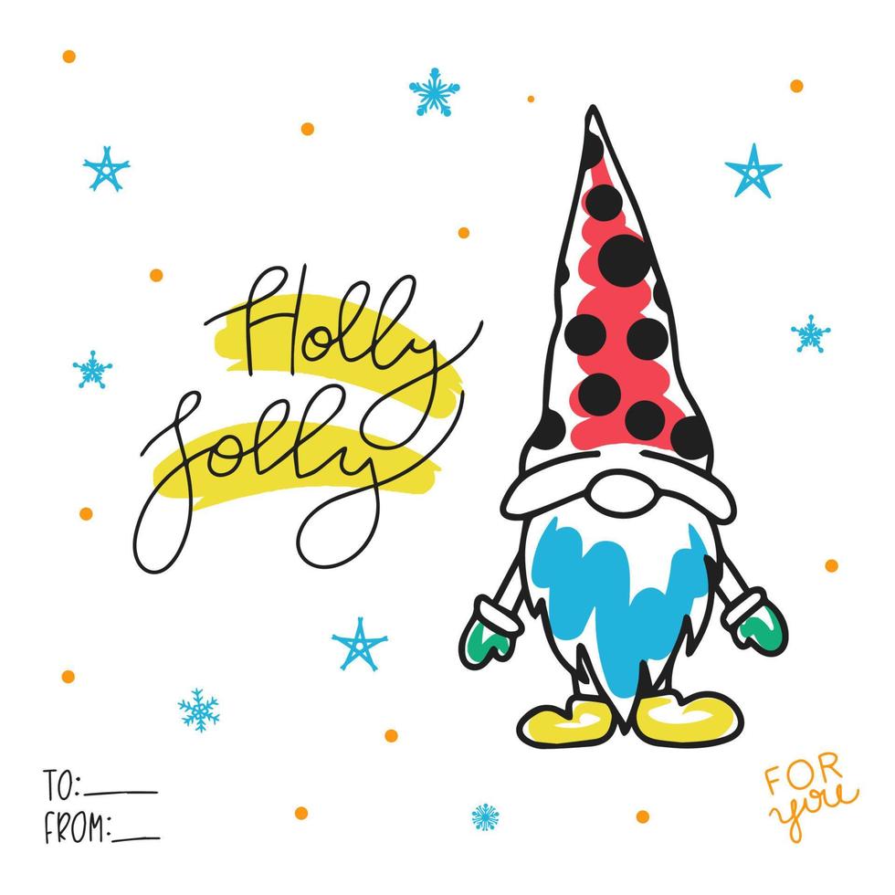 Dwarf in red cap, hand lettering, beautiful holiday card, doodle vector