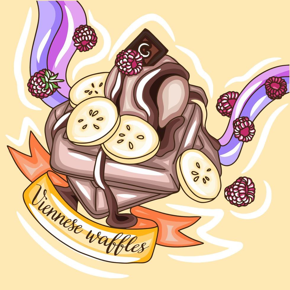 Delicious viennese waffles with cream, bananas and raspberries, bright dessert illustration vector