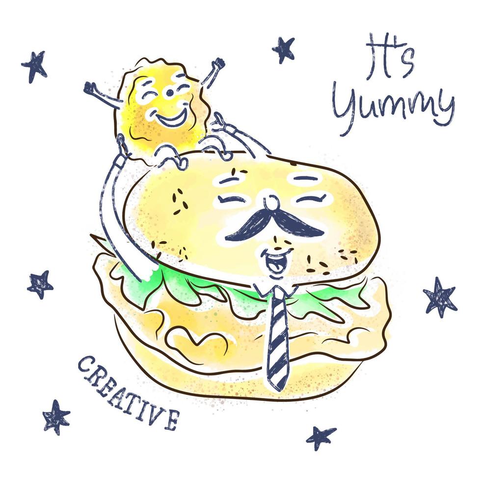Cartoon joyful hamburger family, funny food illustration, watercolor vector