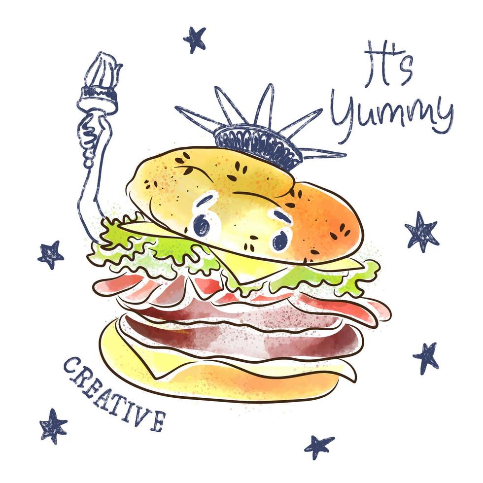 Funny food illustration, hamburger with a funny face, watercolor vector