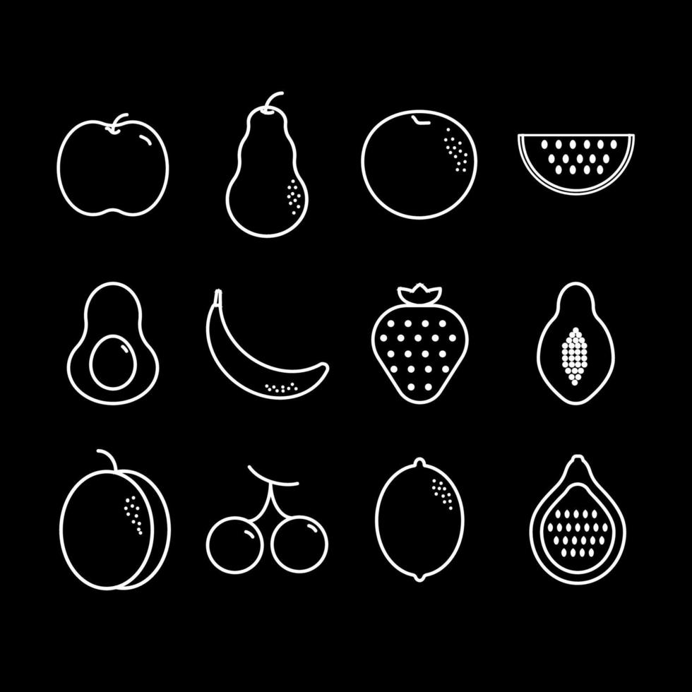 conjunto simple de iconos de línea vectorial relacionados con frutas. contiene íconos como fresa, naranja, plátano y más. vector