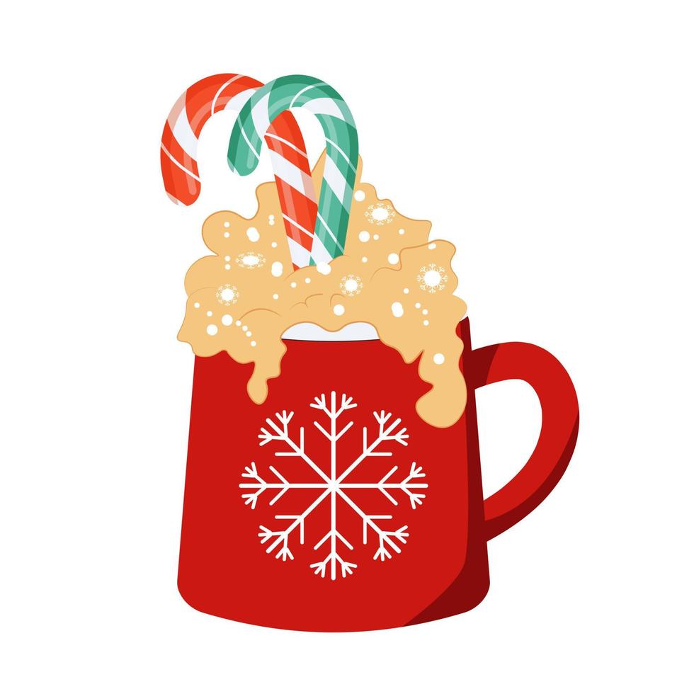 Red Cup of hot chocolate or coffee decorated by cream and candy cane. vector