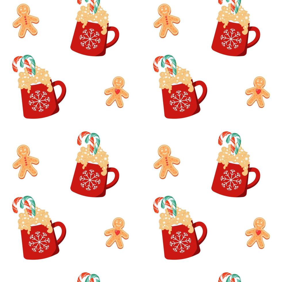 Seamless pattern. Red cup with a hot drink and gingerbread man coockie. Christmas cute card. Vector illustration.