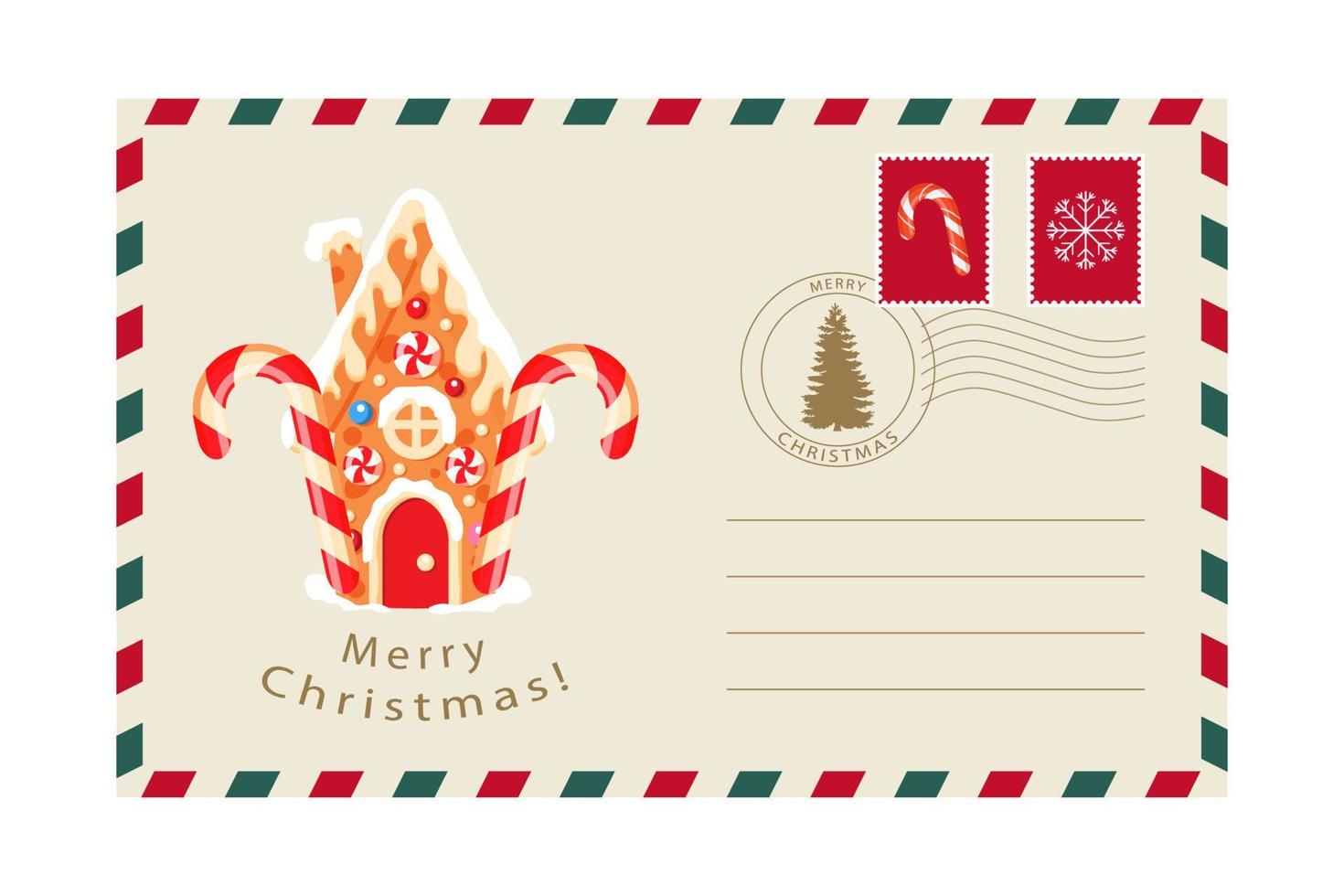 Christmas Envelopes with gingerbread house. New Year Letters. vector