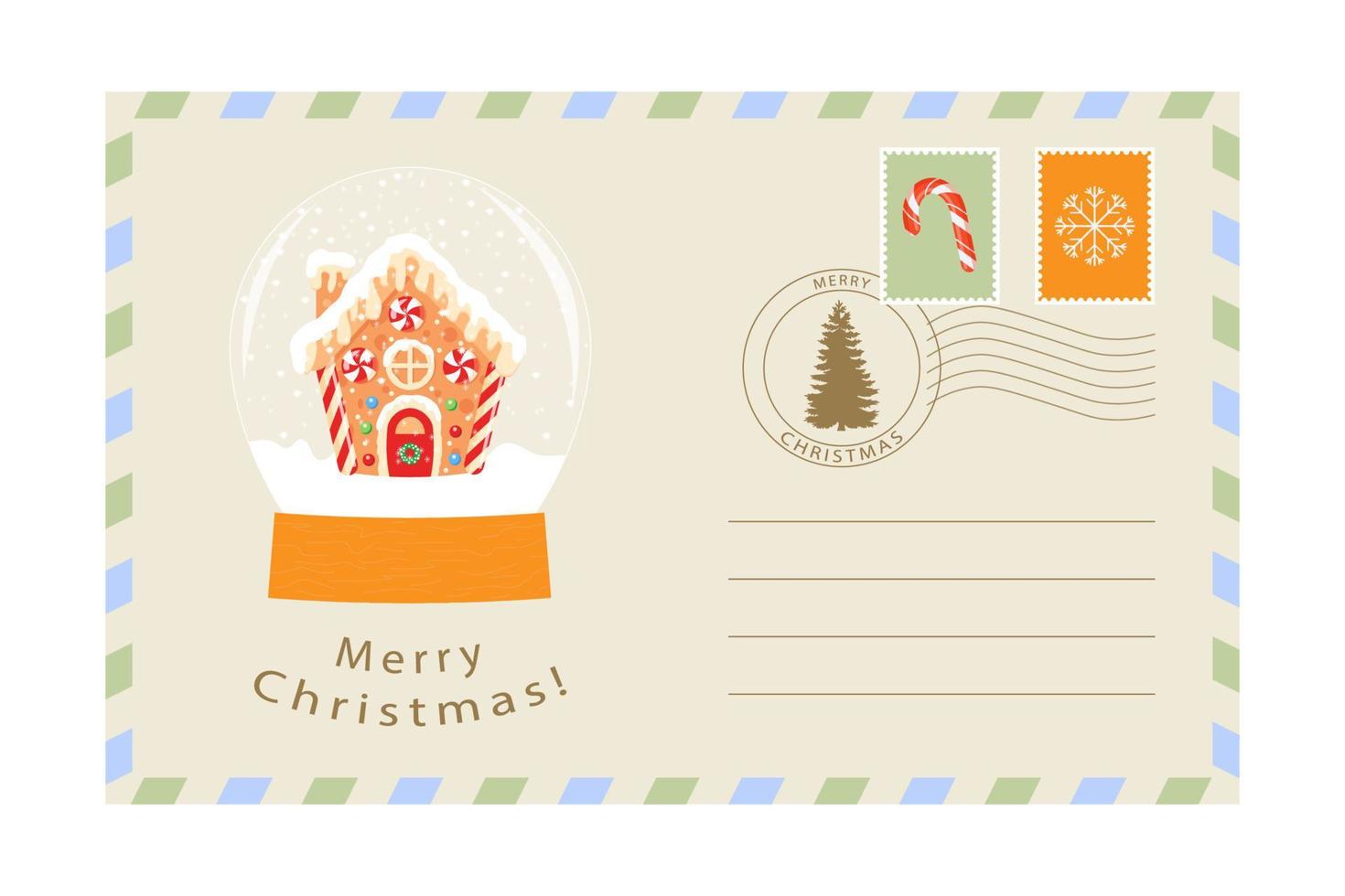 Christmas Envelopes with gingerbread house. New Year Letters. vector