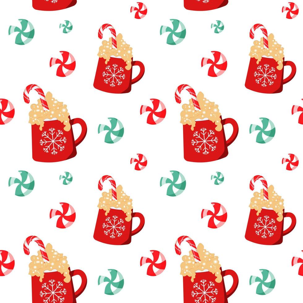 Seamless pattern. Red cup with a hot drink. Christmas cute card. Vector illustration.