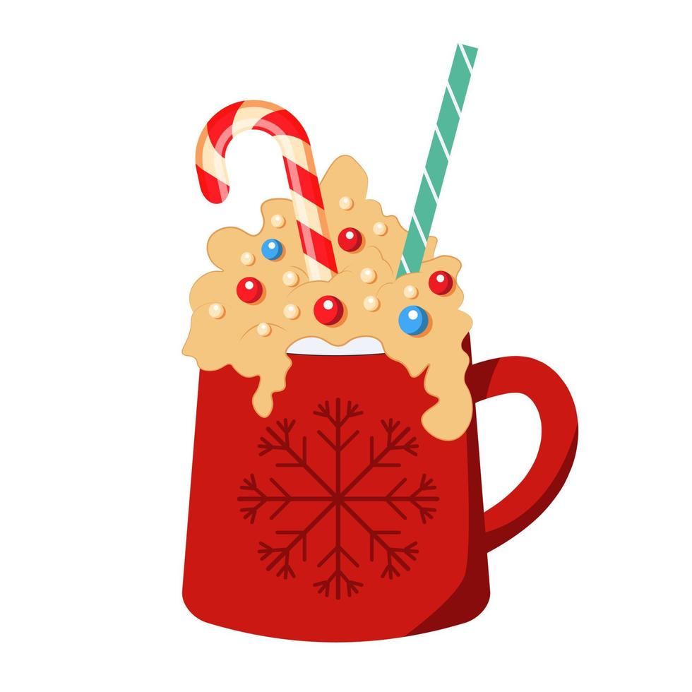 Red Cup of hot chocolate or coffee decorated by cream and candy cane. vector