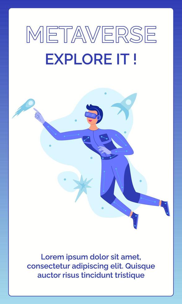 Metaverse digital cyber technology concept. Man in VR headset glasses and VR suit. Augmented reality world simulation. Template for poster, cover, flyer, invitation, advertising, promo, print, stories vector