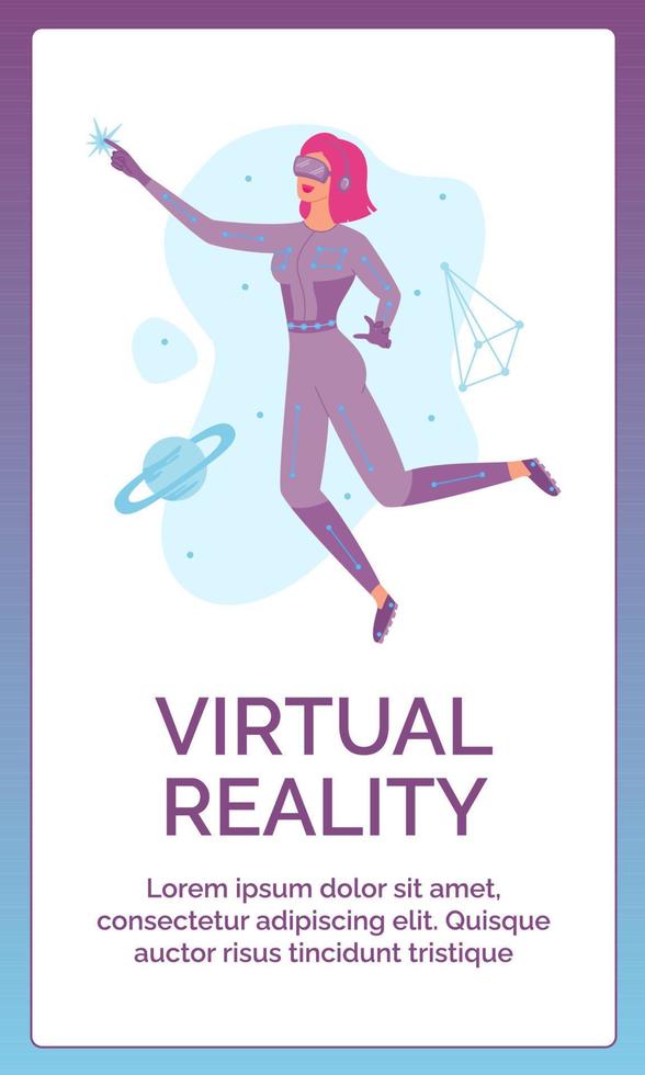 Metaverse digital technology concept. Woman in VR headset glasses and VR suit. Augmented reality world simulation. Template for poster, cover, flyer, invitation, advertising, ui mobile, promo, stories vector