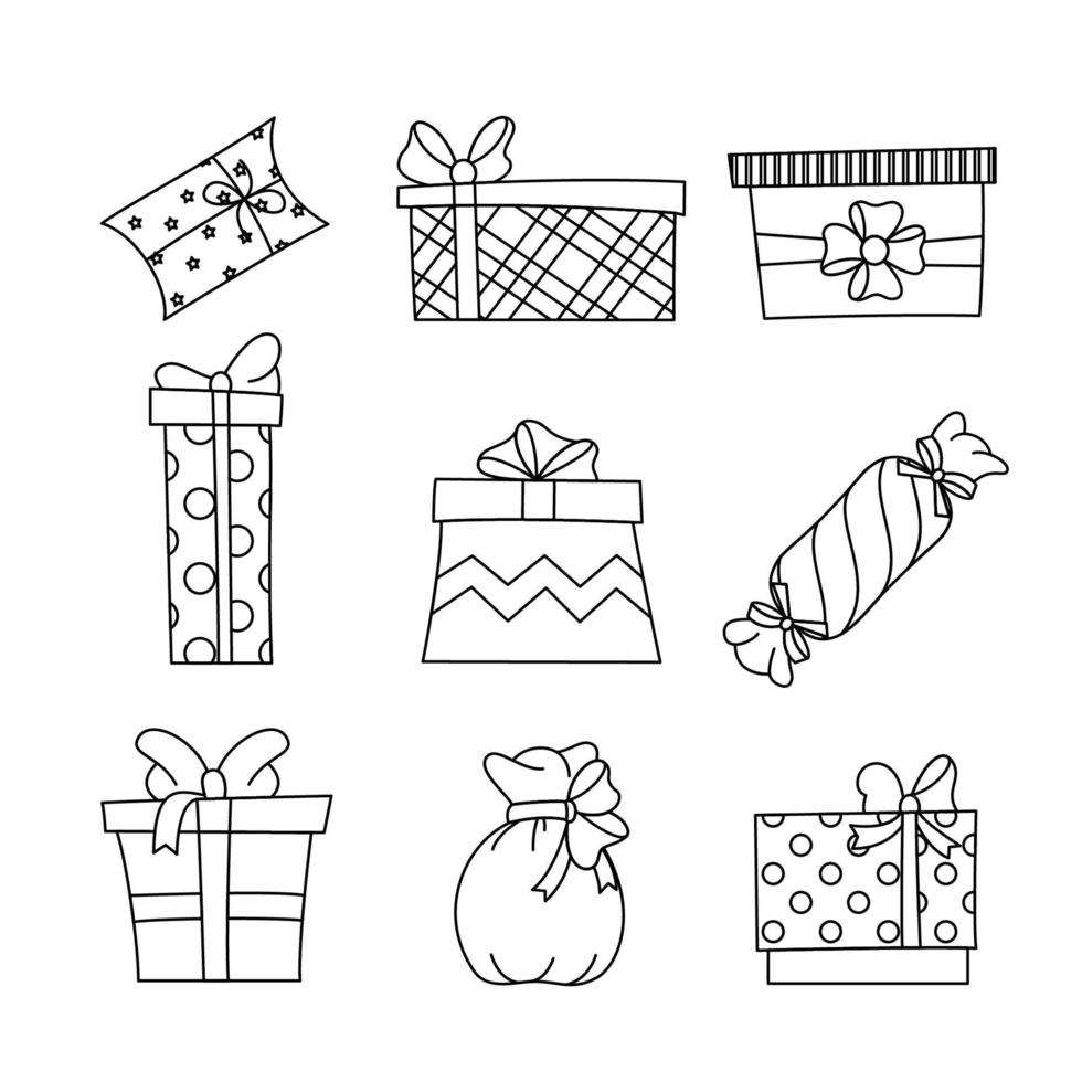 conjunto de cajas de regalo con cinta, diseño de arte lineal. elemento para navidad, cumpleaños, pascua, año nuevo, aniversario, vacaciones. ilustración vectorial para icono, web, aplicación móvil, impresión. garabato de línea delgada vector